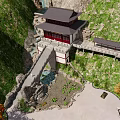 Ancient Architecture on Mountain Slope With Traditional Roof Stone Bridge and Flowing Stream