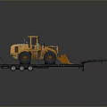 Yellow Utility Vehicle Loader Transported on Flatbed Trailer with Loading Ramps 3d model