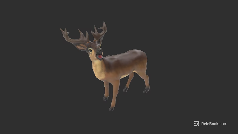 Realistic 3D Model of Brown Deer With Large Antlers and Open Mouth 3d model 