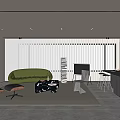 Modern Living Room Interior With Green Sofa White Blinds Stacked Bookshelf And Area Rug