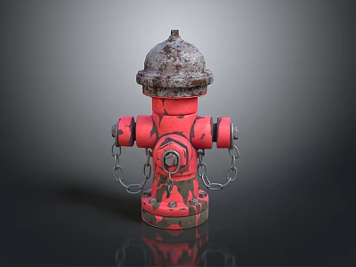 Red Rusted Fire Hydrant With Metal Top And Hanging Chains On Dark Background 3d model