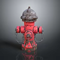 Red Rusted Fire Hydrant With Metal Top And Hanging Chains On Dark Background