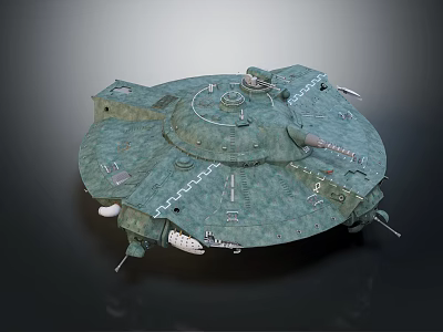 Detailed Sci Fi Spaceship Model Featuring Green Camouflage Circular Structure And Mechanical Components 3d model