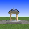 Beautiful Gazebo With Dome Columns Stone Floor And Bench On Green Lawn