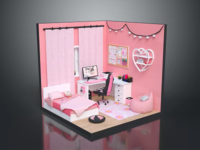 Cartoon Scene of a Pink Bedroom with Bed Desk Computer Heart Shaped Shelf and Decorations 3d model