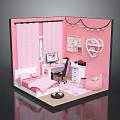 Cartoon Scene of a Pink Bedroom with Bed Desk Computer Heart Shaped Shelf and Decorations