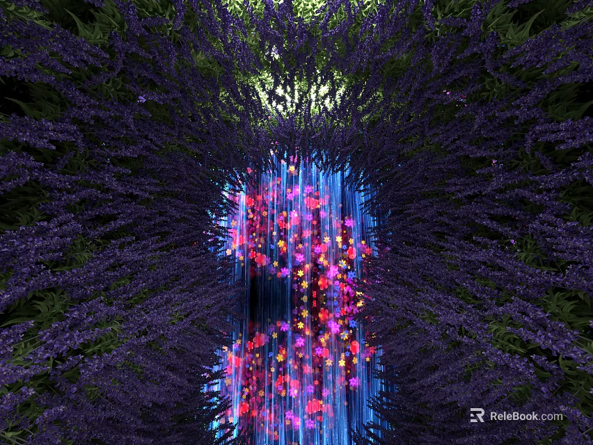 Lavender Plant Combination Forming Tunnel With Colorful Flowers And Water Reflection 3d model 