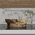 Rustic Modern Wooden Reception Desk With Marble Feature Wall And Fresh Indoor Green Plants