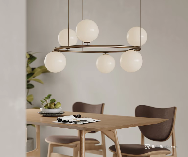 Modern Spherical Pendant Light Hanging Above Wooden Dining Table With Chairs And Plant 3d model 