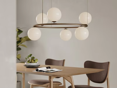 Modern Spherical Pendant Light Hanging Above Wooden Dining Table With Chairs And Plant 3d model