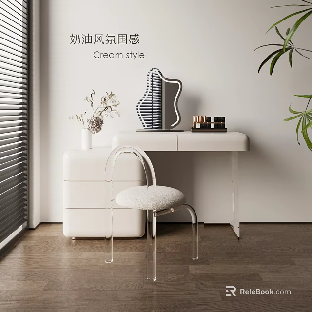 Cream Style White Dressing Table With Transparent Chair Vase And Cosmetics Decorations 3d model 