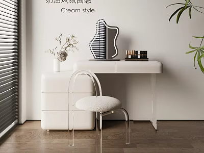 Cream Style White Dressing Table With Transparent Chair Vase And Cosmetics Decorations 3d model