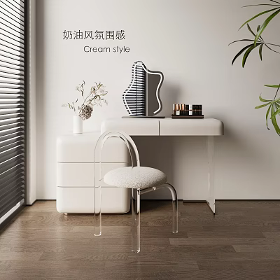 Cream Style White Dressing Table With Transparent Chair Vase And Cosmetics Decorations 3d model