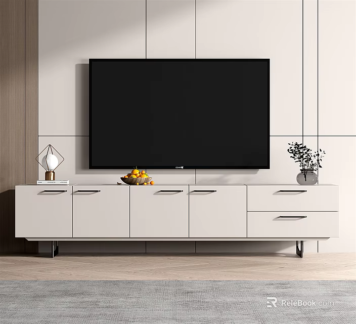 Modern White TV Stand With Drawers Cabinets And Decorative Items For Living Room 3d model 