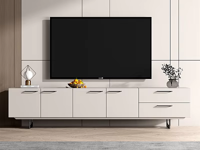 Modern White TV Stand With Drawers Cabinets And Decorative Items For Living Room 3d model