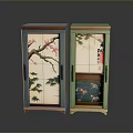 Traditional Chinese Cabinets with Floral Branch Bamboo Leaf Paintings and Calligraphy Characters