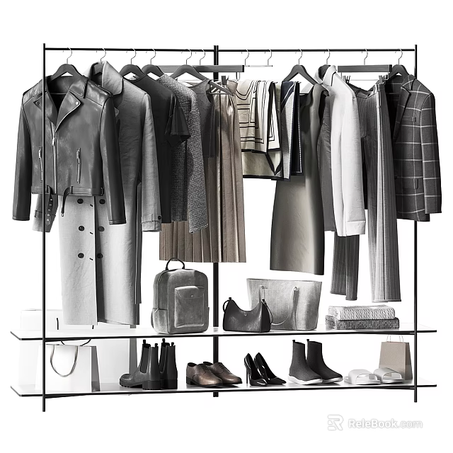 Stylish Various Clothes Hanging on Racks with Bags Shoes and Accessories 3d model 