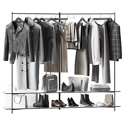 Stylish Various Clothes Hanging on Racks with Bags Shoes and Accessories 3d model