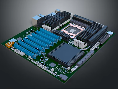 Detailed Electronic Motherboard With CPU Socket RAM Slots And Circuit Components 3d model