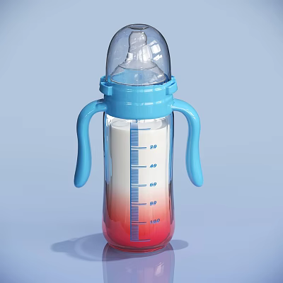 Practical Baby Bottle With Blue Handles Transparent Body Measurement Scale And Red Gradient Base 3d model