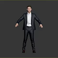 Man in dark blue suit white shirt red shoes with arms outstretched against gray background