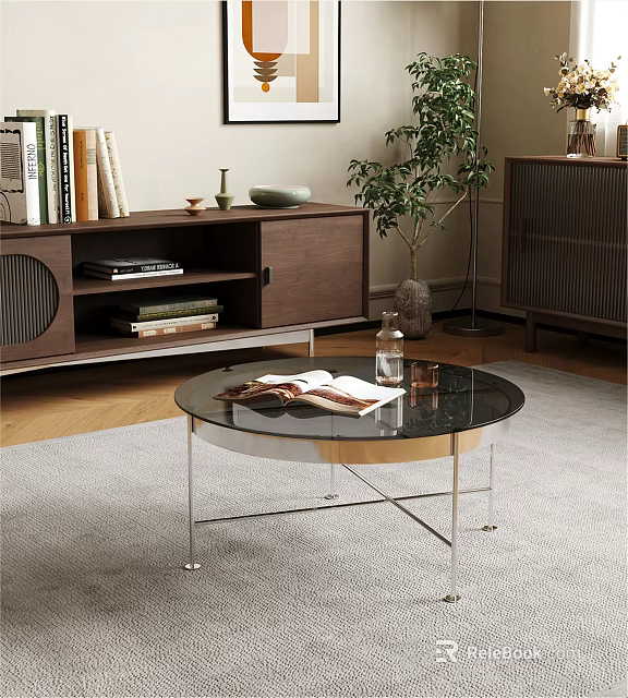 Round Glass Top Coffee Table With Metal Frame And Magazines In Living Room On Carpet 3d model 