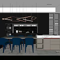 Modern Restaurant Interior With Marble Island Counter Blue Chairs Wine Racks And Hanging Lights