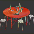Red Round Table With Wine Bottles Cups And White Metal Leg Stools