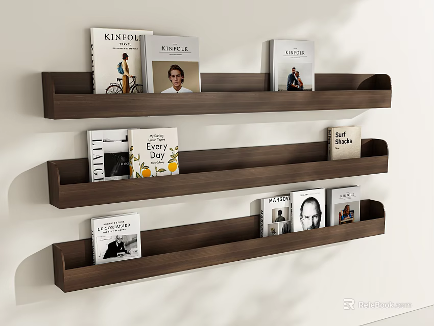 Wooden Wall Mounted Bookshelf With Multiple Shelves Holding Books And Magazines On White Wall 3d model 