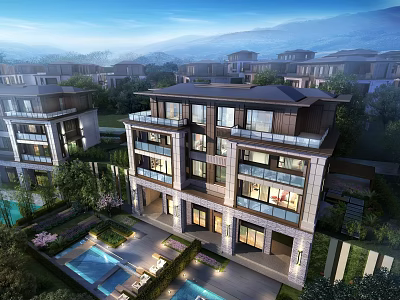 Modern Semi Detached Villa With Swimming Pool Lush Greenery And Scenic Surroundings 3d model