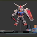 Gundam Model Figure With Red Shield Paint Bottles Marker And Green Mat