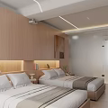 Modern Hotel Guest Room with Wooden Striped Walls Lighted Headboard Twin Beds and Nightstands