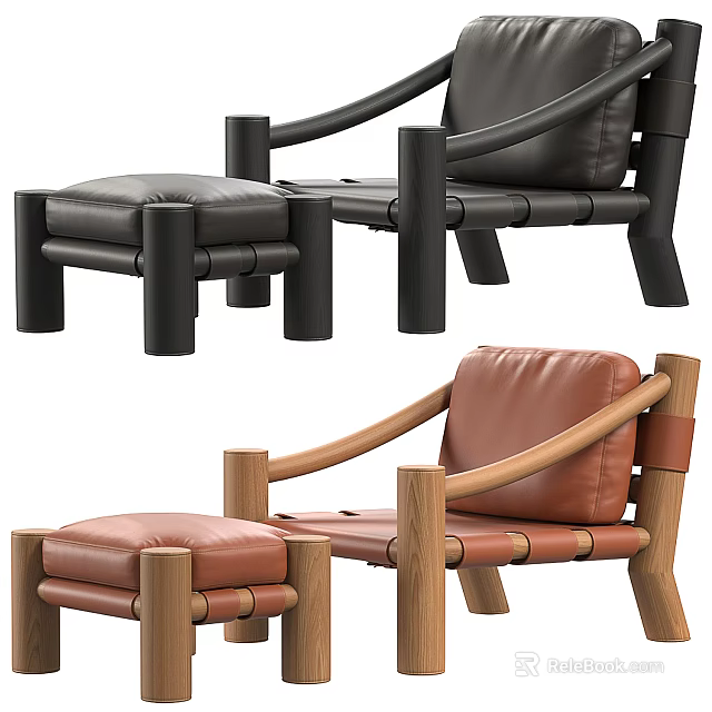 Stylish Leather Leisure Chair With Wooden Armrests And Cozy Matching Ottoman 3d model 