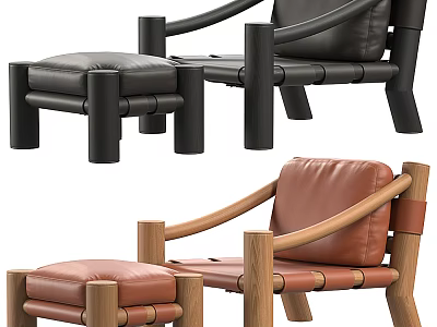 Stylish Leather Leisure Chair With Wooden Armrests And Cozy Matching Ottoman 3d model