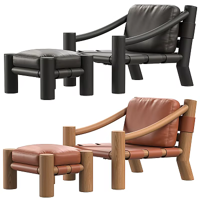Stylish Leather Leisure Chair With Wooden Armrests And Cozy Matching Ottoman 3d model