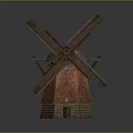 Wooden Windmill Model With Red Brick Body And Reflective Base On Dark Background