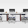 Modern Office Desk Setup With Workstations Desktop Computers Ergonomic Chairs Drawers and Coffee Cups 3d model