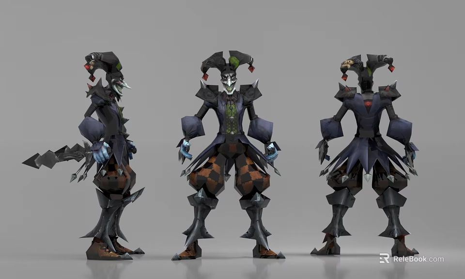 Jester Inspired Game Movie Character With Black Blue Outfit Spiked Details Checkered Pattern And Mask 3d model 