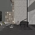 Duplex Living Room Interior with Stone Wall Bookshelves Staircase and Sunlight Shadow