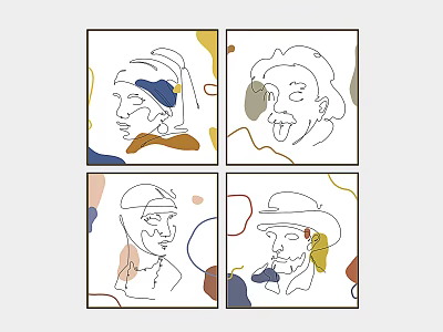 Four Cartoon Portrait Illustrations With Line Art Style And Colorful Backgrounds 3d model