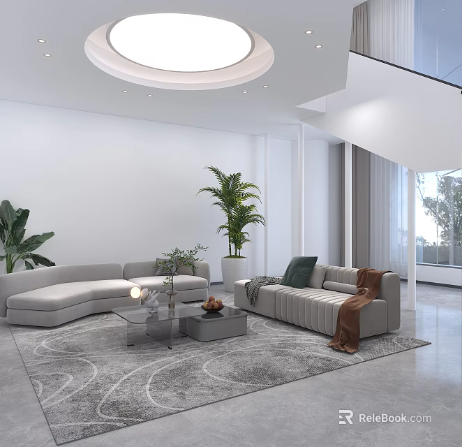 Modern Hotel Public Lounge Area With Curved Sofa Green Plants And Round Ceiling Light 3d model 
