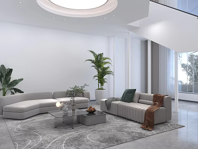 Modern Hotel Public Lounge Area With Curved Sofa Green Plants And Round Ceiling Light 3d model