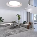 Modern Hotel Public Lounge Area With Curved Sofa Green Plants And Round Ceiling Light