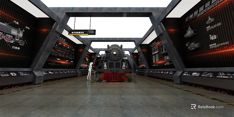 Cultural Center Interior With Historical Steam Locomotive Exhibition And Display Cabinets 3d model 