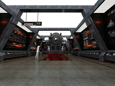 Cultural Center Interior With Historical Steam Locomotive Exhibition And Display Cabinets 3d model