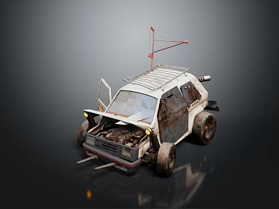 Worn Out Modified Vehicle With Open Engine Compartment Antenna And Rusty Tires 3d model