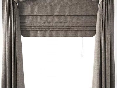 Elegant Gray Fabric Window Curtains with Pleated Design and Valance 3d model