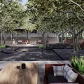 Tranquil Garden Landscape With Lush Trees Water Pond And Cozy Seating Area