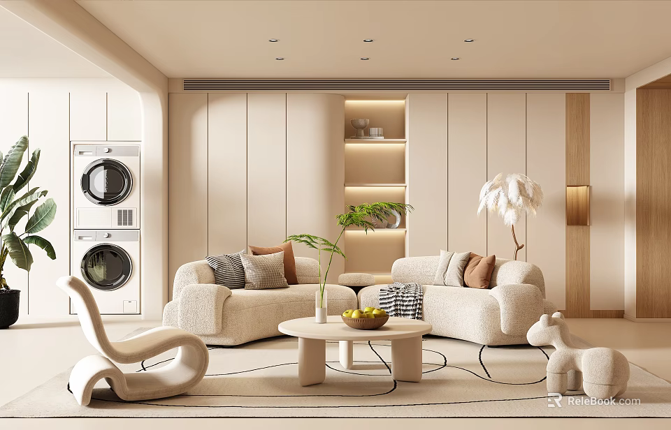 Modern Minimalist Living Room Interior With Beige Sofa Pillows Round Coffee Table And Green Plant 3d model 