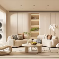 Modern Minimalist Living Room Interior With Beige Sofa Pillows Round Coffee Table And Green Plant